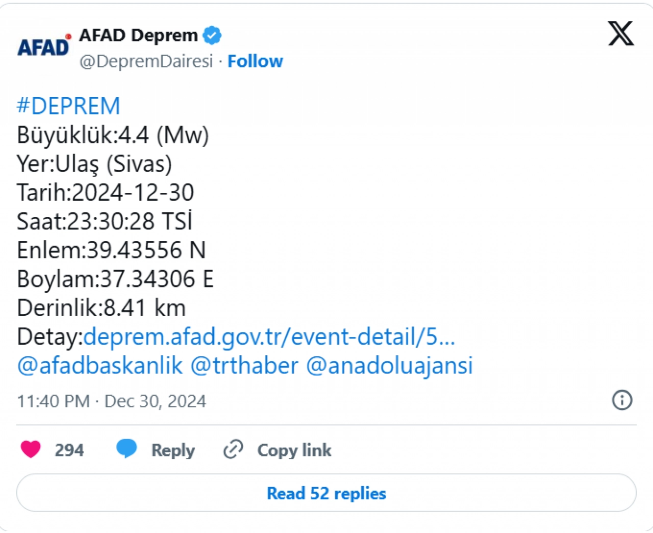 Sivas'ta 4.4 deprem Meydana Geldi!