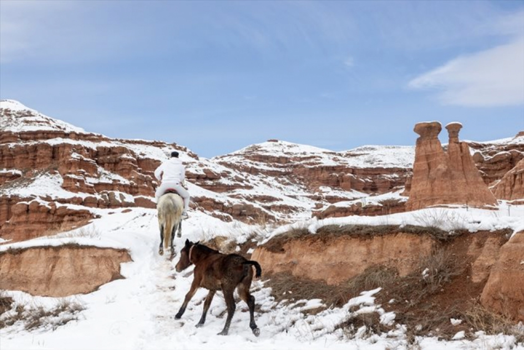 Erzurum'daki Narman Peribacaları'nda kar üstünde dörtnala gezi