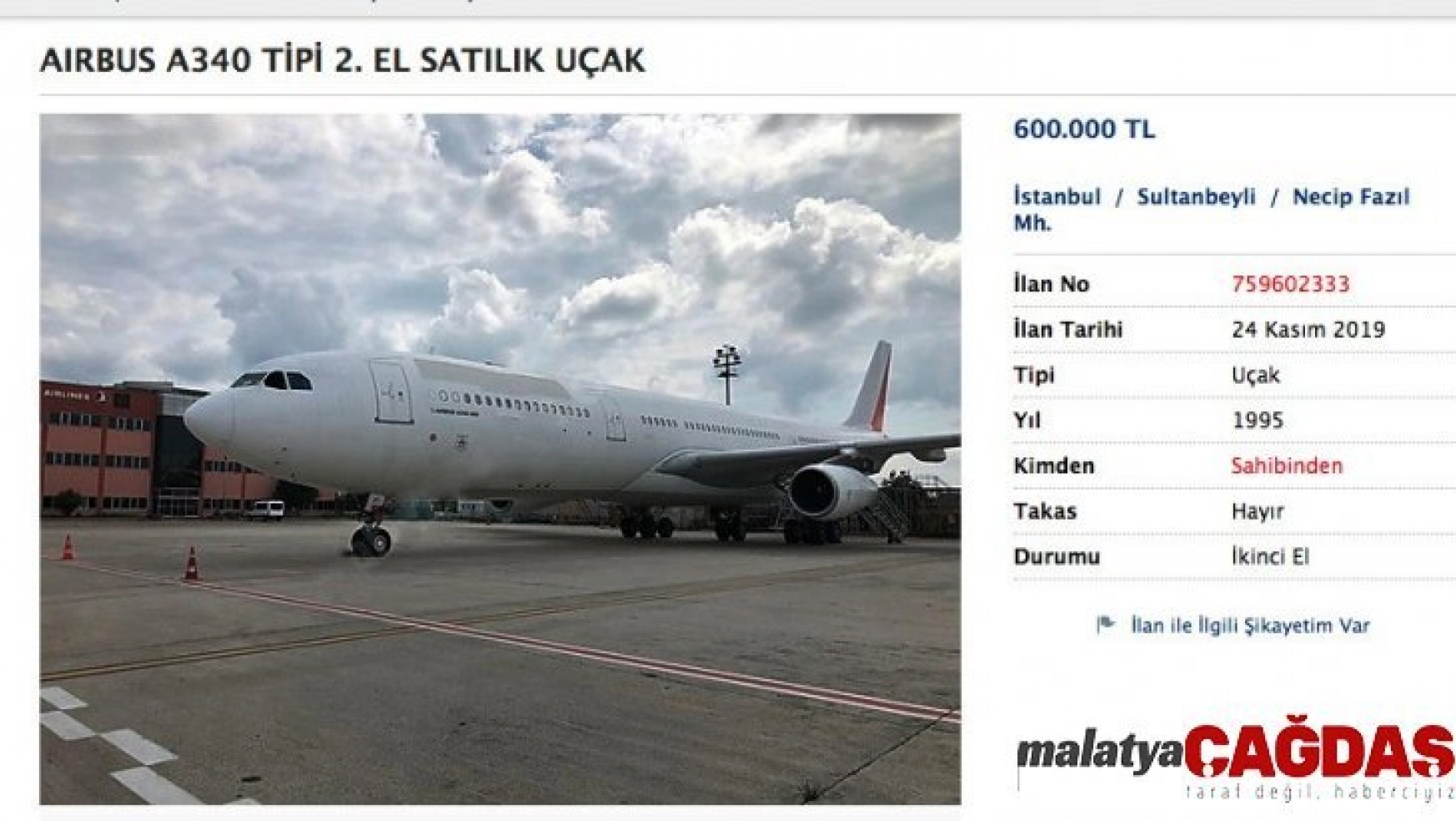 Atatürk Havalimanı'nda sahibinden satılık yolcu uçağı
