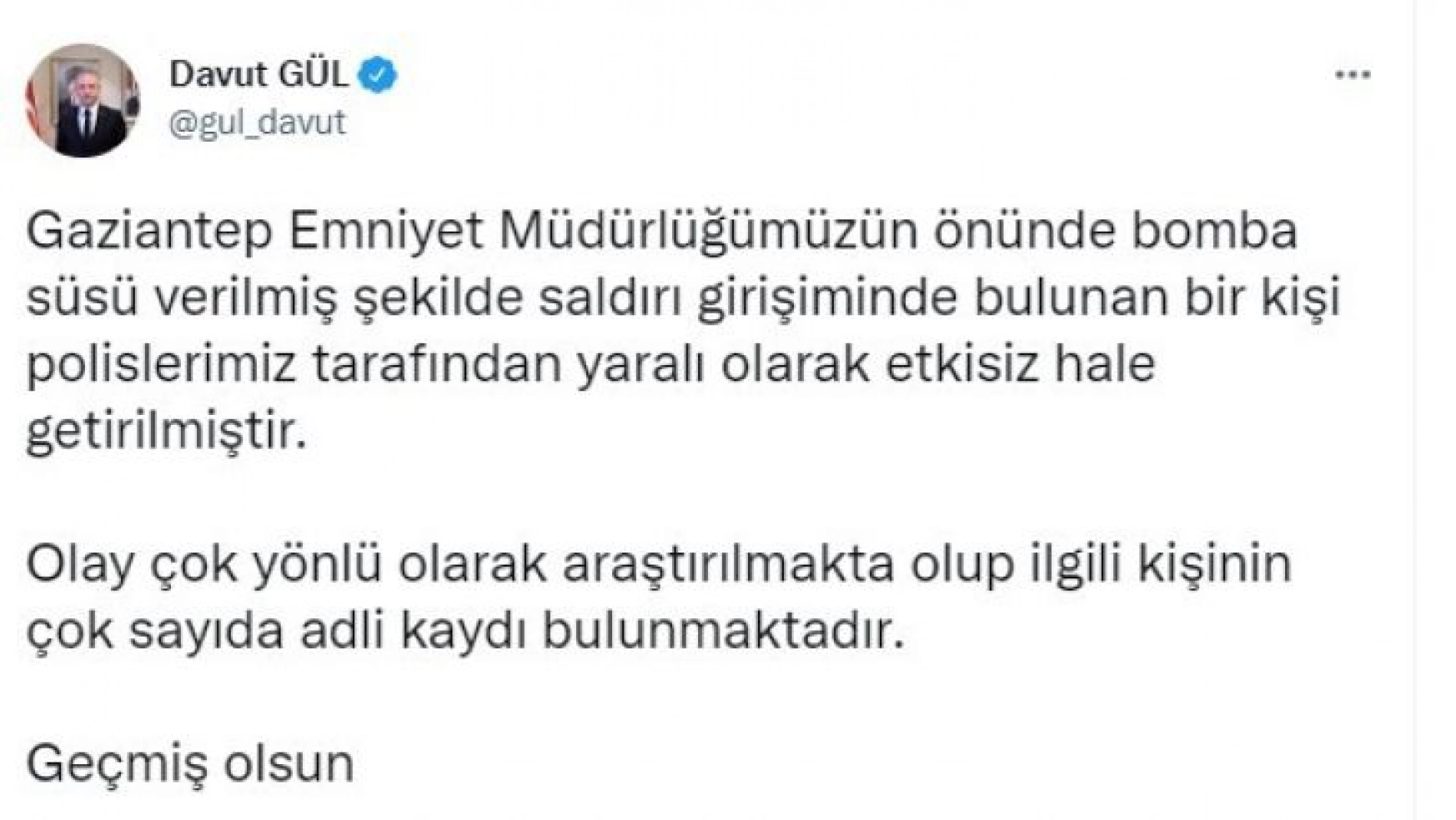 Gaziantep Valisi Davut Gül: 'Bomba süsü verilmiş şekilde saldırı girişiminde bulunuldu'