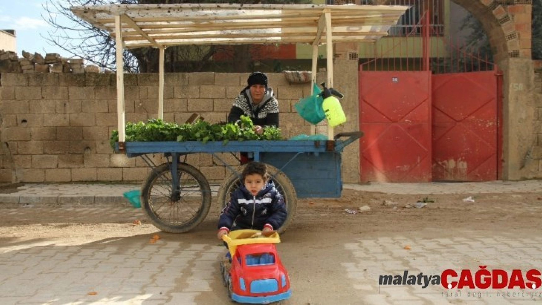 Pazarda 4 yaşındaki çocuğuyla sebze satarak geçimini sağlıyor