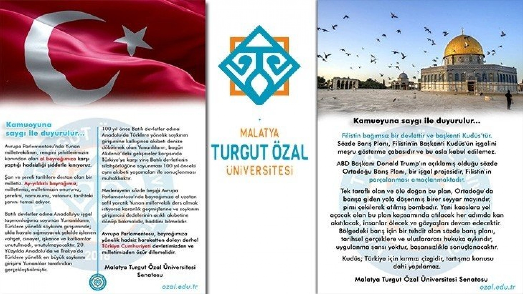 Turgut Özal Üniversitesi Senatosu'ndan 'Bayrak ve Kudüs' kararları