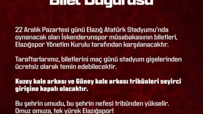 Elazığspor yönetimi, İskenderunspor maçının biletlerini ücretsiz dağıtacak
