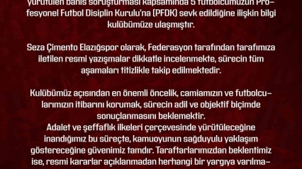 Elazığspor: 'Gelişmeler kulübümüz tarafından izlenmekte'