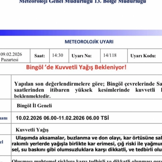 Meteorolojiden Bingöl için kuvvetli yağış uyarısı