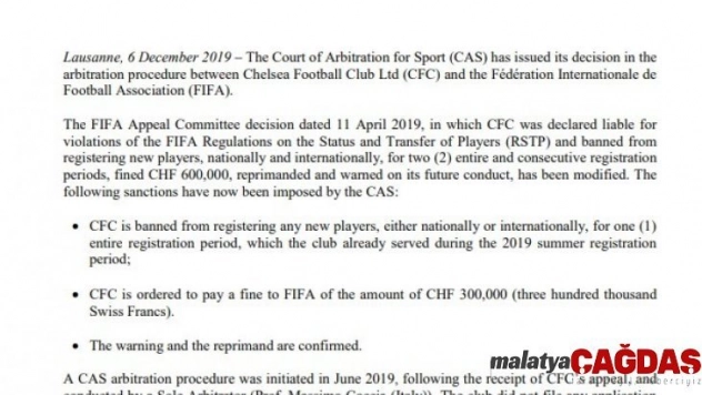 Chelsea'ye CAS'tan müjdeli haber