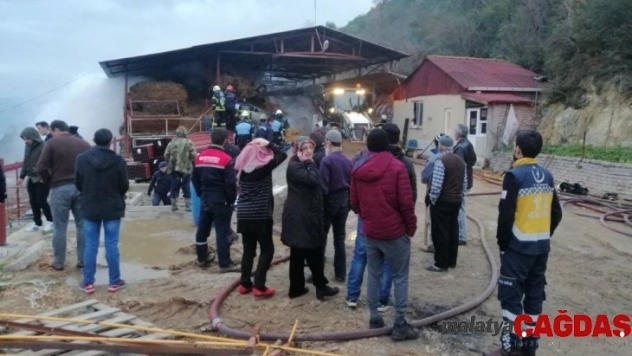 Çiftlikte çıkan yangında 12 ton saman balyası küle döndü