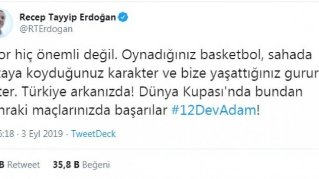 Cumhurbaşkanı Erdoğan'dan 12 Dev Adam'a mesaj