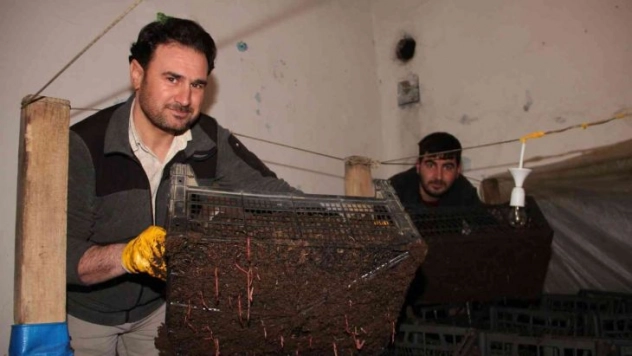 Dedesine ait iki katlı evde solucan gübresi üretiyor