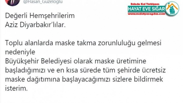 Diyarbakır'da vatandaşlara maskeler ücretsiz dağıtılacak