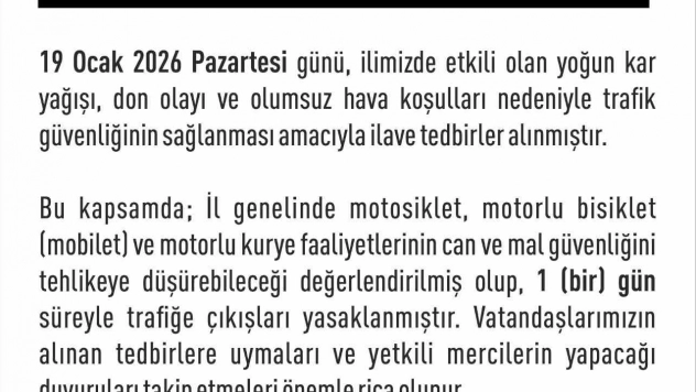 Elazığ'da  motosiklet, mobilet ve motorlu kuryelerin trafiğe çıkışları yasaklandı