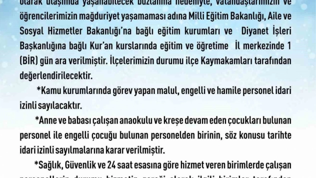 Elazığ'da eğitim-öğretime 1 gün ara verildi