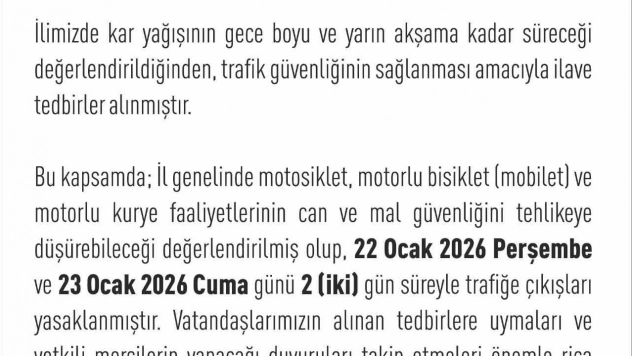 Elazığ'da motosiklet, mobilet ve motorlu kuryelerin trafiğe çıkışları yasaklandı