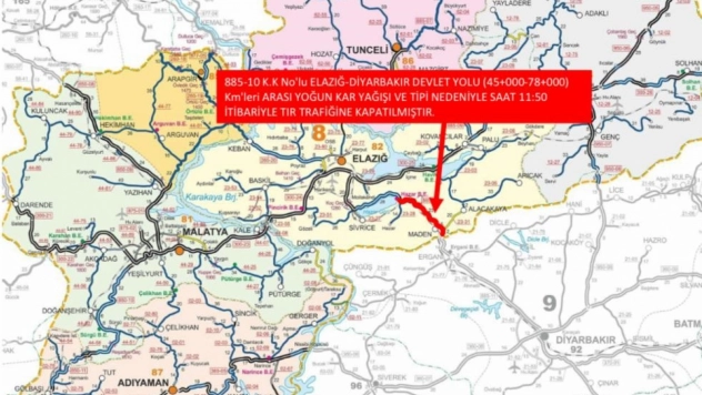 Elazığ-Diyarbakır karayolu ağır taşıt trafiğine kapatıldı