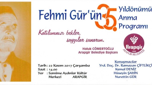 Arapgir'li Halk Şairi Fehmi Gür İçin Anma Programı Düzenleniyor