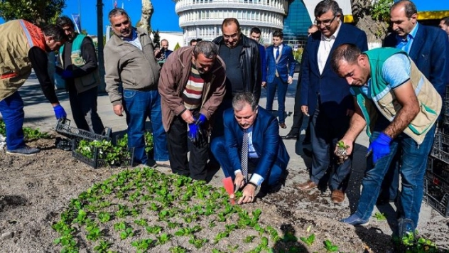 Başkan Çakır, işçilerle birlikte çiçek dikti