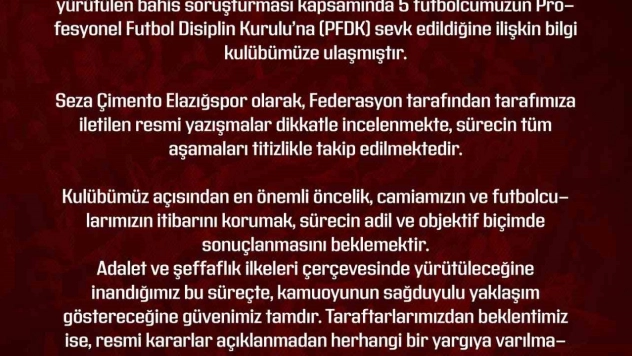 Elazığspor: 'Gelişmeler kulübümüz tarafından izlenmekte'