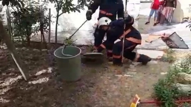 Evin bahçesine giren yılan yakalanarak doğaya bırakıldı