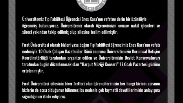 Fırat Üniversitesi, hayatını kaybeden tıp öğrencisi için konseri erteledi