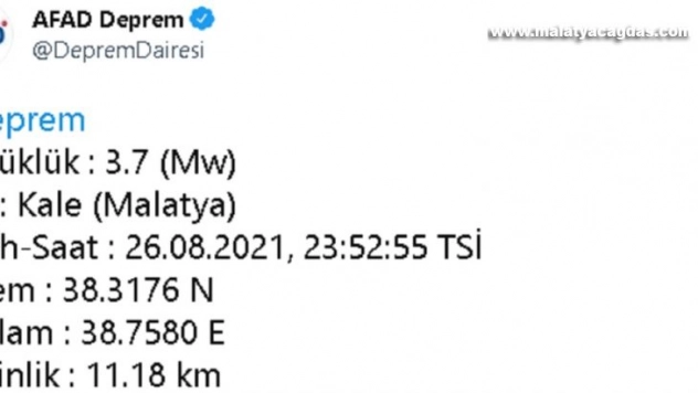 Malatya'da 3.7 büyüklüğünde deprem