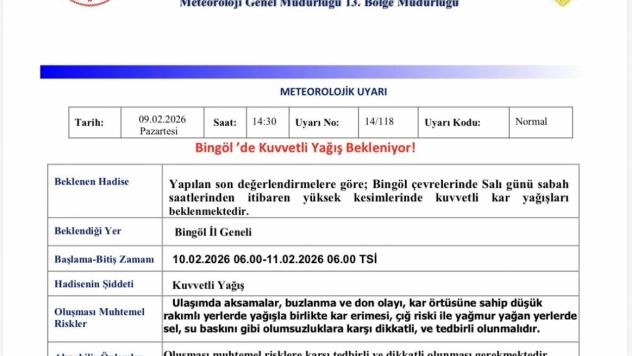 Meteorolojiden Bingöl için kuvvetli yağış uyarısı