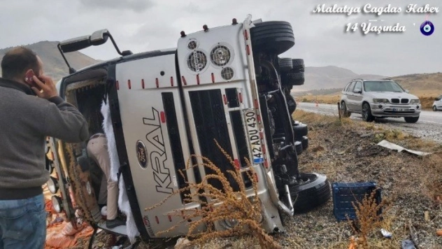 Sebze yüklü tır şarampole devrildi