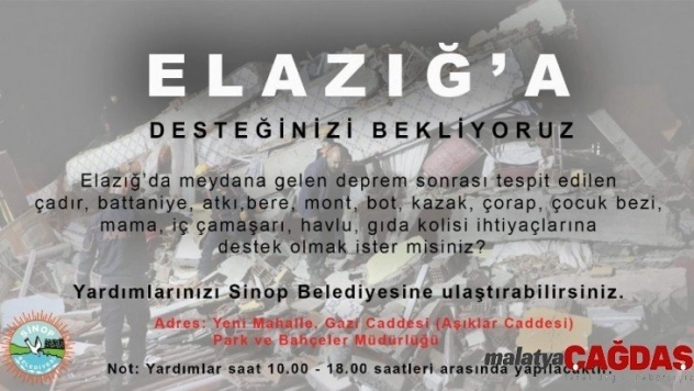 Sinop Belediyesinden Elazığ'a yardım eli