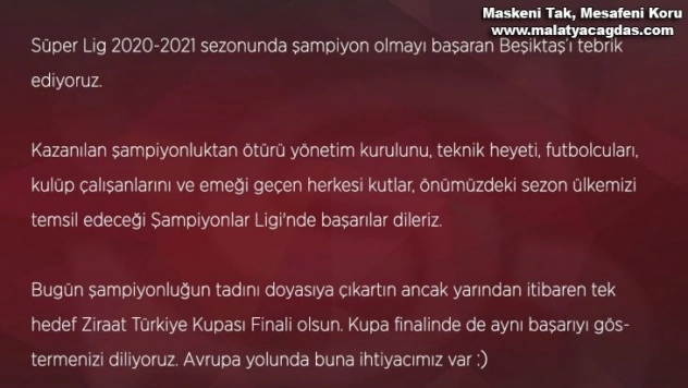 Sivasspor Beşiktaş'ı tebrik etti!