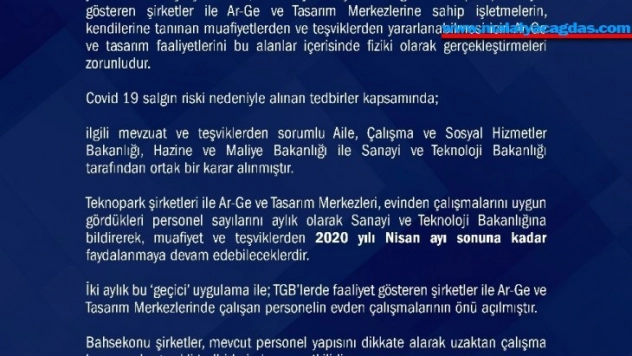 Teknopark Şirketleri ve Ar-Ge Tasarım şirketlerinde çalışanlar evden çalışabilecek