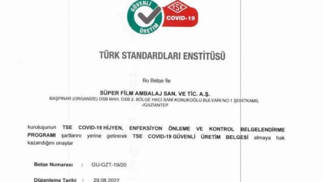 TSE Covıd-19 güvenli üretim belgesi