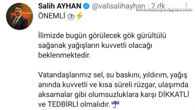 Vali Ayhan sosyal medya hesabından uyardı: 'Dikkatli olun'