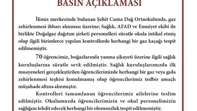 Valilikten açıklama: 'Öğrencilerimize herhangi bir gaz veya gıda zehirlenme teşhisi konulmamıştır'