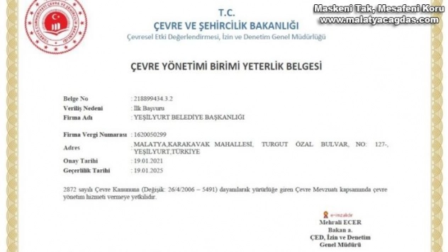 Yeşilyurt Belediyesi, çevre yönetim yeterlilik belgesini aldı