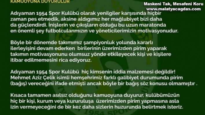 Adıyaman 1954 Spor'da prim çıkmazı