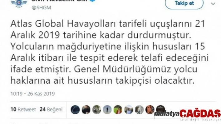 Atlasglobal Havayolları tarifeli uçuşlarını durdurdu