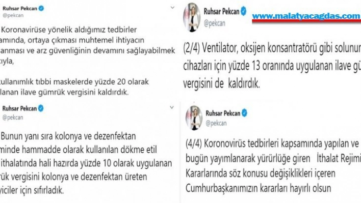 Bakan Pekcan: 'Tek kullanımlık tıbbi maskelerde yüzde 20 olarak uygulanan ilave gümrük vergisini kaldırdık'