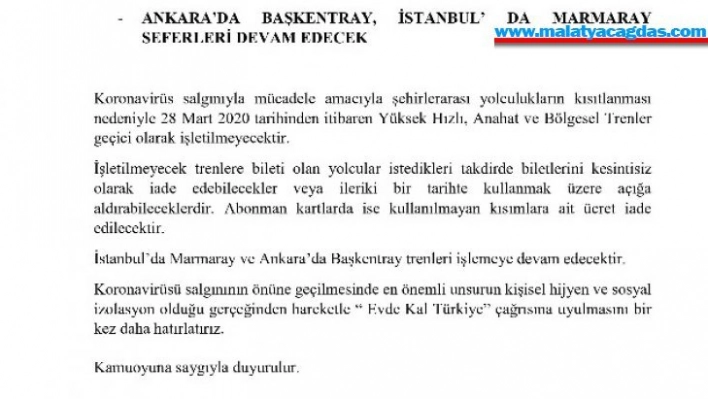 Başkentray ve Marmaray dışındaki tren seferleri durduruldu