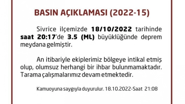 Elazığ'da 3.5 büyüklüğünde deprem