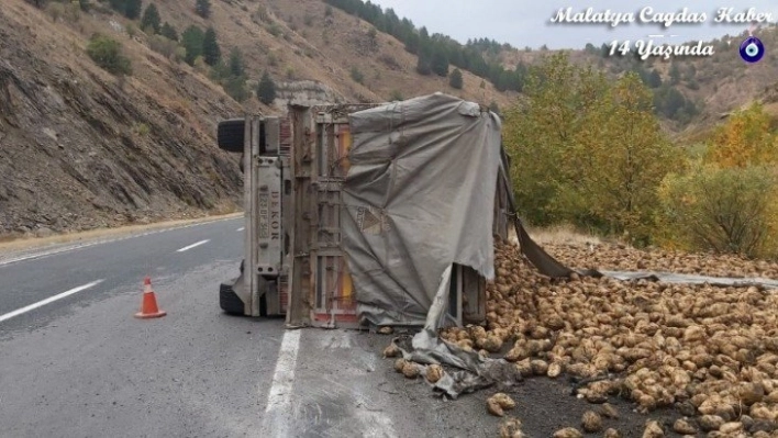 Elazığ'da pancar yüklü tır devrildi