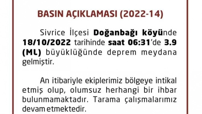 Elazığ Valiliğinden deprem açıklaması, 'Olumsuz herhangi bir ihbar bulunmamaktadır'