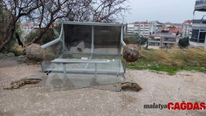 Erdek'te fırtına ağaçları kırdı, otobüs duraklarını devirdi