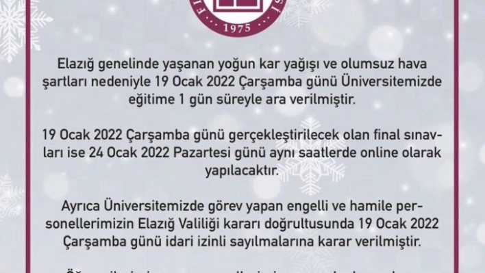 Fırat Üniversitesinde eğitime kar tatili