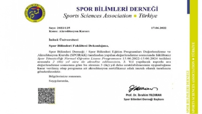 İnönü üniversitesi Spor Yöneticiliği bölümü akredite edildi