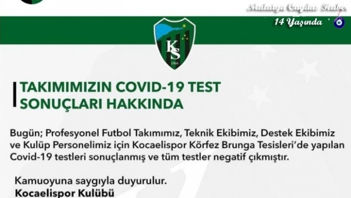 Kocaelispor'da korona virüs testleri negatif çıktı