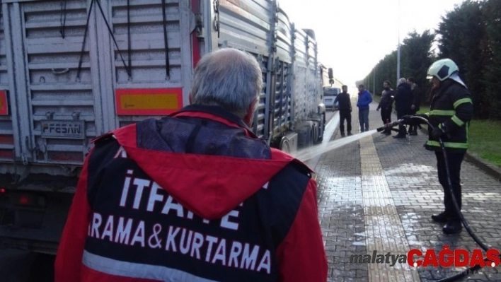 Lastikleri tutuşan tırın yanmasını itfaiye önledi