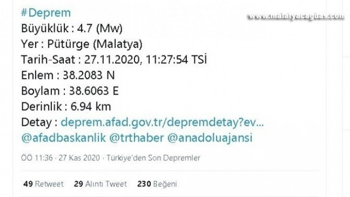 Malatya 4.7 ile sallandı