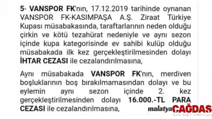 PFDK'dan Van Spor FK'ye 16 bin lira ceza