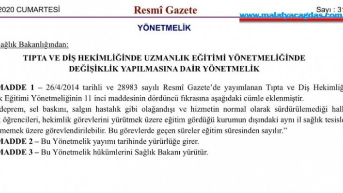 Tıpta ve diş hekimliğinde uzmanlık eğitimi yönetmeliğinde yapılan değişiklik Resmi Gazete'de