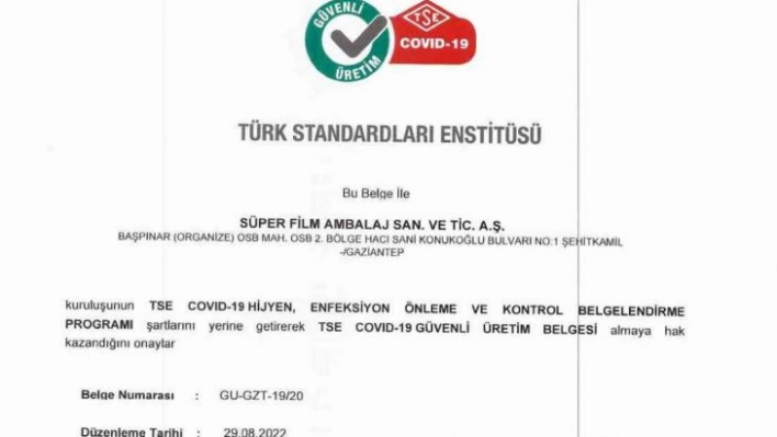 TSE Covıd-19 güvenli üretim belgesi