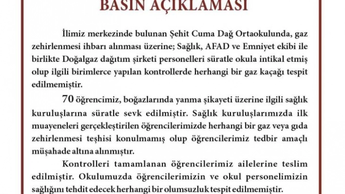 Valilikten açıklama: 'Öğrencilerimize herhangi bir gaz veya gıda zehirlenme teşhisi konulmamıştır'